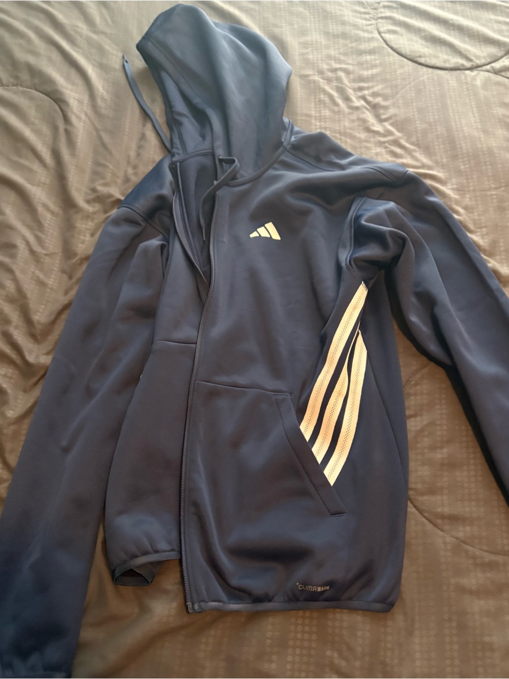 adidas Navy Hooded Performance Jacket with White Stripes